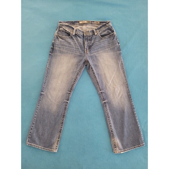 BKE Jeans Mens 34 S Derek Bootcut Thick Stitching Distressed Double Back Pockets - Picture 1 of 14